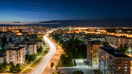 Wall Mural - Light trails above buildings architecture metropolis cityscape.