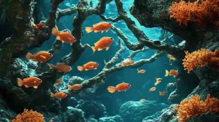 Wall Mural - Vibrant Underwater Scene: A School of Orange Fish Amongst Coral Reef