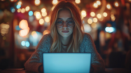 Focused young woman working on a laptop with warm lighting