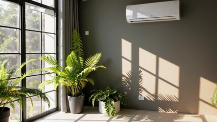 Aufkleber - Soft sunlight gradually moving across interior space, revealing air conditioning unit and green potted plants beside large window frame with gentle illumination and changing shadows