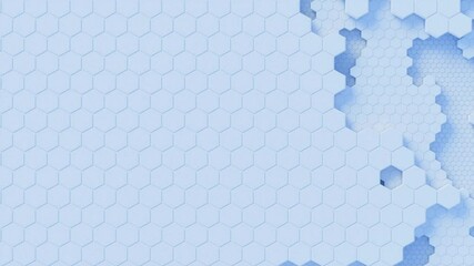 Rolling abstract white hexagon grid with different sizes of pattern. Clean digital 3d animation pattern concept for geometric presentation background or business text backdrop. 