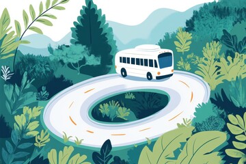 Leinwandbilder - Tour bus traveling on a curvy road surrounded by lush greenery in a scenic countryside setting. Generative AI