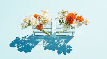 Poster - Symmetrical flower arrangements in clear vases minimalist indoor setting contemporary floral art aesthetic perspective balanced design concept