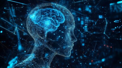 Poster - Abstract Digital Brain Neural Network Artificial Intelligence Technology Futuristic Concept Blue Glow Lines Data Visualization Modern Design          