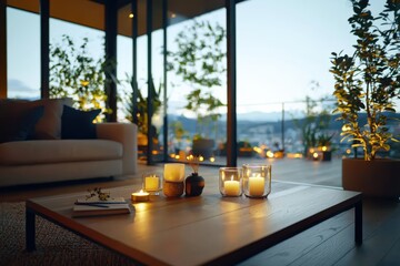 Poster - Serene evening ambiance with candlelight and ambient sounds in a cozy living room captured from eye-level perspective