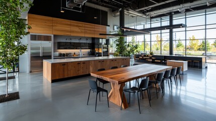 Poster - Elegant dining experience in a modern kitchen featuring a sturdy dining set urban environment contemporary design inviting atmosphere