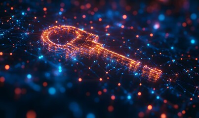 Poster - Digital key concept made of network with interconnected nodes on a dark background