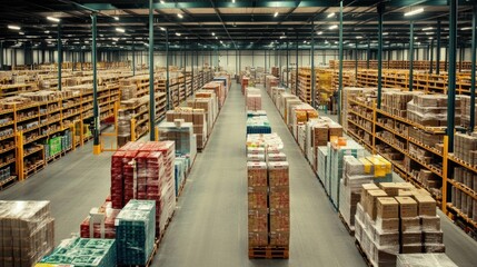 Wall Mural - Vast Warehouse Interior: Rows of Pallets and Shelving Filled with Goods