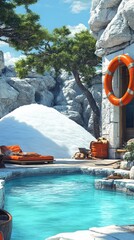 Wall Mural - Luxurious Mediterranean Poolside Retreat with Vibrant Orange Accents, Plush Loungers, Rustic Rocks, Tranquil Crystal Blue Water, Evergreen Trees, and Sunny Sky