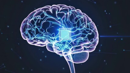 Poster - Glowing blue human brain featuring a chip emitting data in a dark digital environment, creating a futuristic concept of neural interface technology