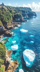 Wall Mural - Breathtaking coastal cliffs and floating icebergs in azure blue waters, lush green forest, and clear sunny skies creating a mesmerizing natural landscape scenery