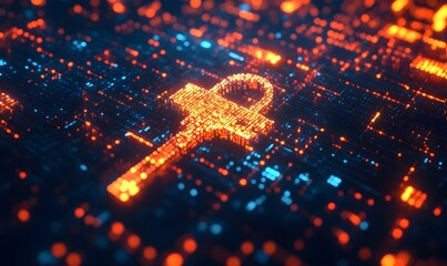 Poster - Digital Key Lock on a Cyber Circuit Board with Glowing Orange and Blue Light