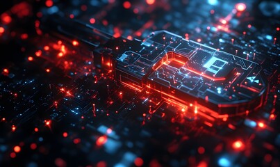 Poster - Abstract Futuristic Key with Glowing Red and Blue Lights on Circuit Board