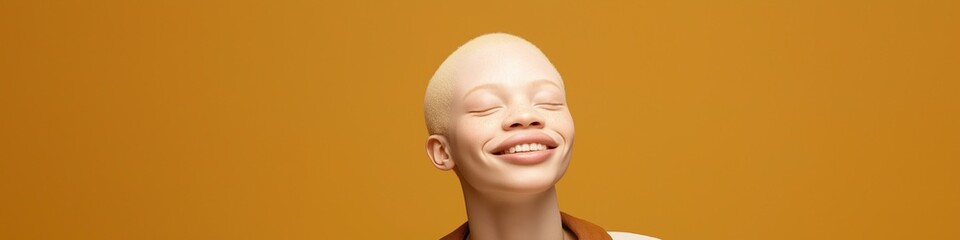 Wall Mural - A woman with blonde hair and a big smile is standing in front of a yellow background. She looks happy and confident