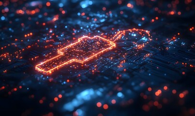 Poster - Abstract glowing key with digital lines and vibrant bokeh lights on dark background