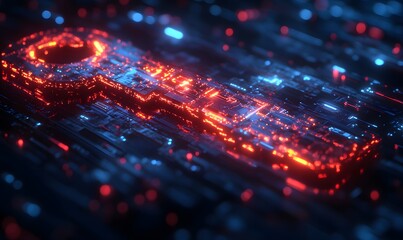Poster - A digital key made of interconnected red and blue lights on a dark background symbolizing access