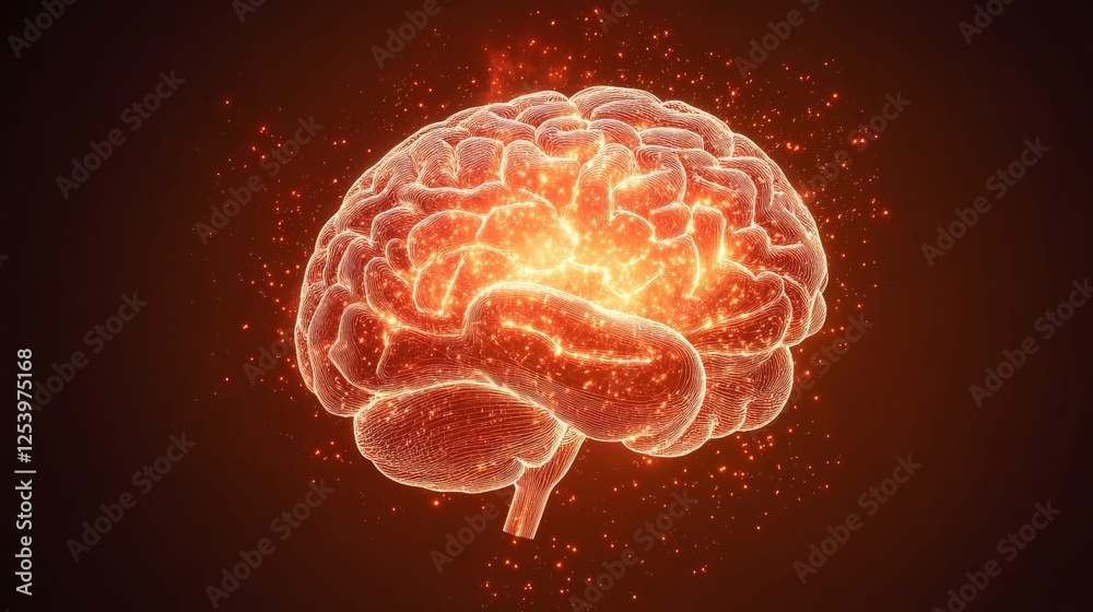 Glowing Human Brain Anatomy Digital Art Abstract Neural Network Orange ...