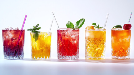 Wall Mural - Set of different glasses of juice with straw isolated on white background.