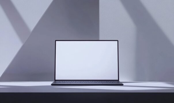 Laptop mockup, blank screen, minimalist studio, sunlight, website design