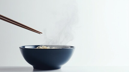 Wall Mural - Steaming bowl of ramen with chopsticks hovering above it isolated on white background with copy space for text.