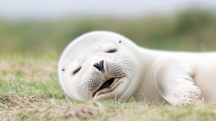 Wall Mural - Cute seal pup resting on coastal grass, blurred background