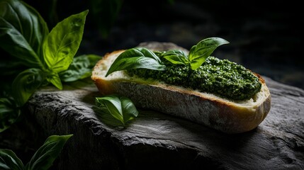 Wall Mural - pesto spread on freshly baked homemade sourdough bread, garnished with fresh basil leaves