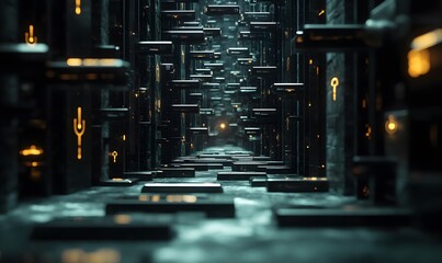 Poster - Abstract futuristic corridor with glowing elements and metallic surfaces creates an immersive vision