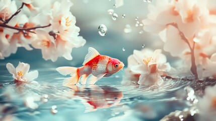 Wall Mural - Koi fish swimming near blooming cherry blossoms