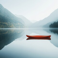 Poster - Calm mountain lake with a lone kayak floating peacefully at sunrise. Generative AI