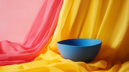 Wall Mural - Blue ceramic bowl on flowing yellow and pink fabric