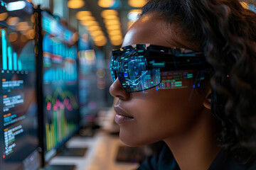 Leinwandbilder - Close-up view of a woman designer using multiple monitors in her workspace