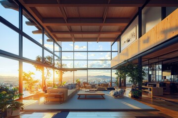 Poster - Sunset lounge interior design modern urban space wide angle view warm colors inviting atmosphere contemporary architecture
