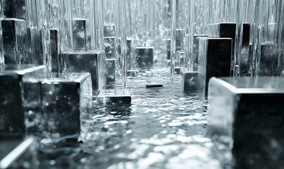 Poster - Abstract metallic cubes and water streams creating a unique perspective view