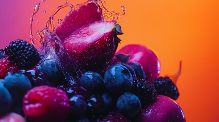 Poster - Close-up of fresh berries in vibrant lighting on an orange background