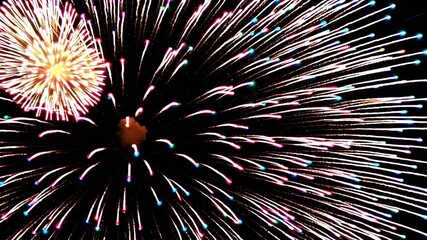 Poster - Glimmering fireworks bursting in slow motion against deep black backdrop, revealing intricate colorful patterns and golden sparks illuminating dark night sky with mesmerizing visual intensity