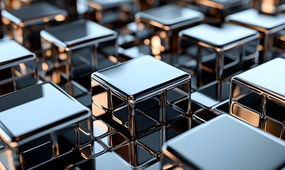Poster - Shiny metallic cubes arranged in a uniform grid pattern reflecting ambient light