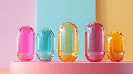 Poster - Abstract Colorful Glass Capsules Modern Design Elegant Shiny Geometric Shapes Vibrant Hues Pink Teal Yellow Orange Background Digital Art Illustration