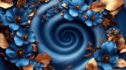 Poster - Elegant Floral Arrangement with Blue Flowers and Swirling Gold Leaves Against a Rich Background : Generative AI