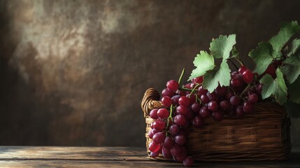 Canvas Print - Rustic wooden basket with grapes and leaves in dramatic light