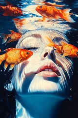 Poster - Artistic underwater portrait of woman surrounded by goldfish creating serene and captivating scene : Generative AI
