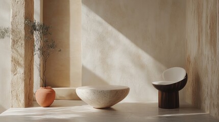 Wall Mural - Minimalist ceramics in soft natural light on a rustic surface