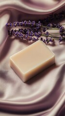 Aufkleber - Luxurious lavender soap bar resting on silky fabric surrounded by purple lavender flowers for tranquility : Generative AI