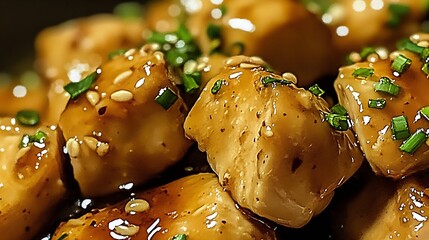 Aufkleber - Close up shot of savory chicken pieces glazed with rich sauce and garnished with herbs : Generative AI