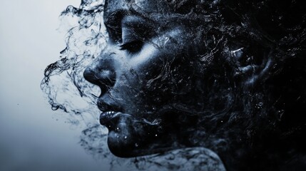 Wall Mural - Artistic black and white portrait of a woman dissolving into smoke