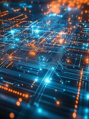 Fototapete - Futuristic Digital Circuit Board Close Up with Glowing Lights and Complex Patterns in Neon Blue and Orange : Generative AI