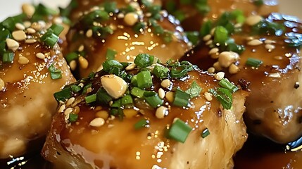 Aufkleber - Delicious savory fish dish served with seasoning garnished spring onions and sesame seeds in rich sauce : Generative AI