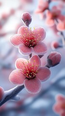 Fototapete - Close-up of stunning pink flowers with intricate details and shimmering frost on petals : Generative AI