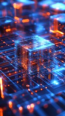 Fototapete - Futuristic Technology Concept with Glowing 3D Cubes on a Circuit Board Displaying Data Flow : Generative AI