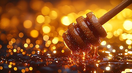 Poster - Luscious Honey Dripping from a Wooden Dipper Against a Dazzling Bokeh Background : Generative AI