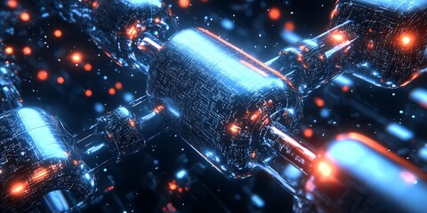 Leinwandbilder - Futuristic Abstract Close-up of Connected Glass Cylinders with Glowing Pulsating Lights and Digital Design : Generative AI